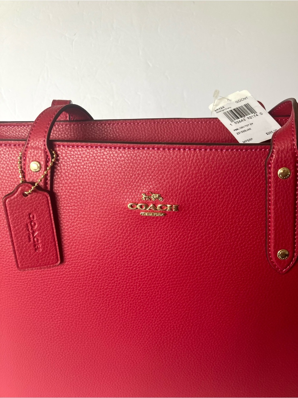 Coach 69424 Bright Cherry Red Pebbled Leather Zip Central Tote Shoulder Bag NWT - Picture 3 of 10